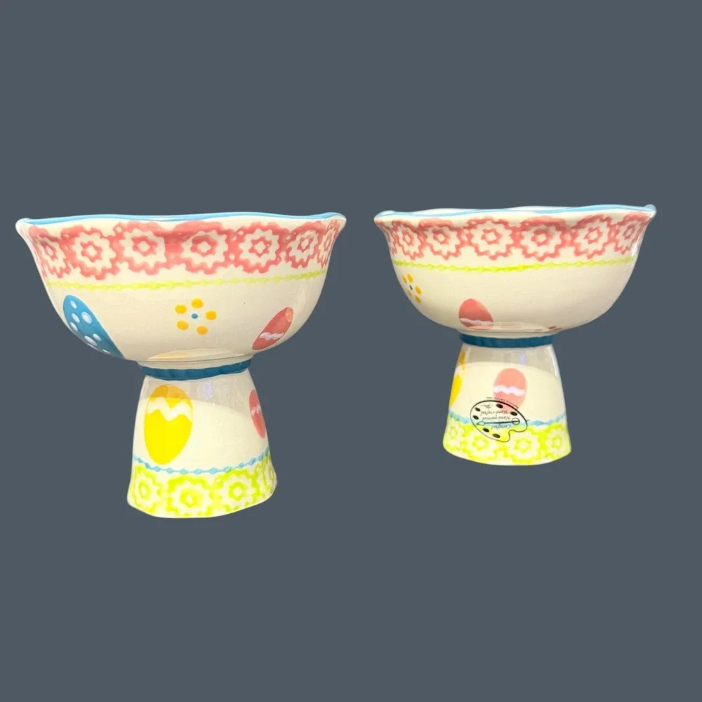 Temp-tations by Tara Easter Egg Pedestal Serving Bowls Set of 2 Hand Painted